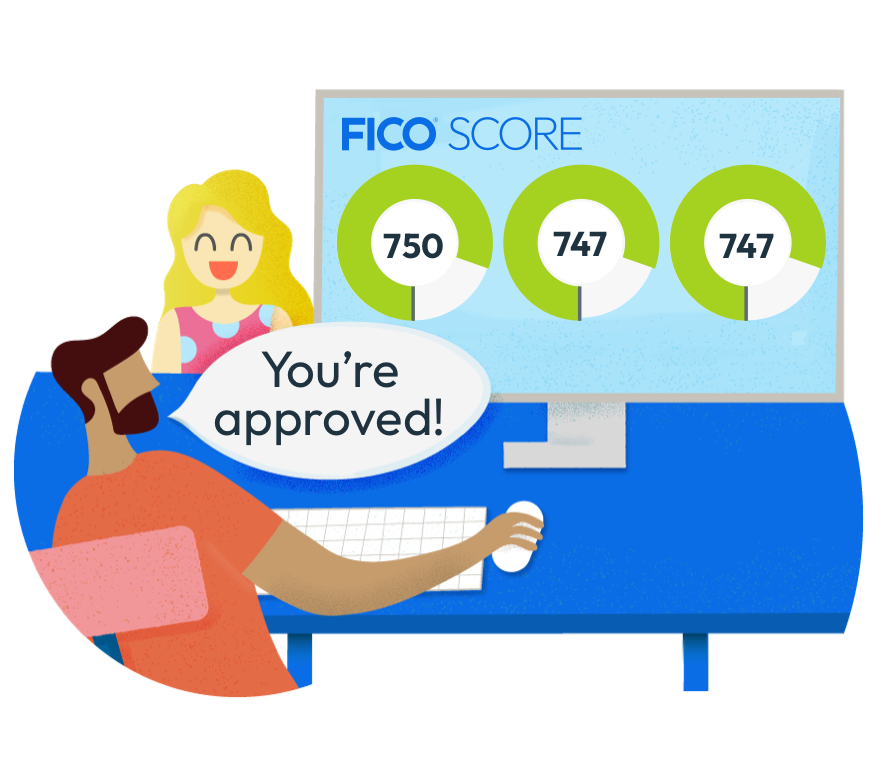 Illustration of a woman smiling as she hears 'you are approved!' from a men looking at three different FICO Scores displayed at his desktop computer