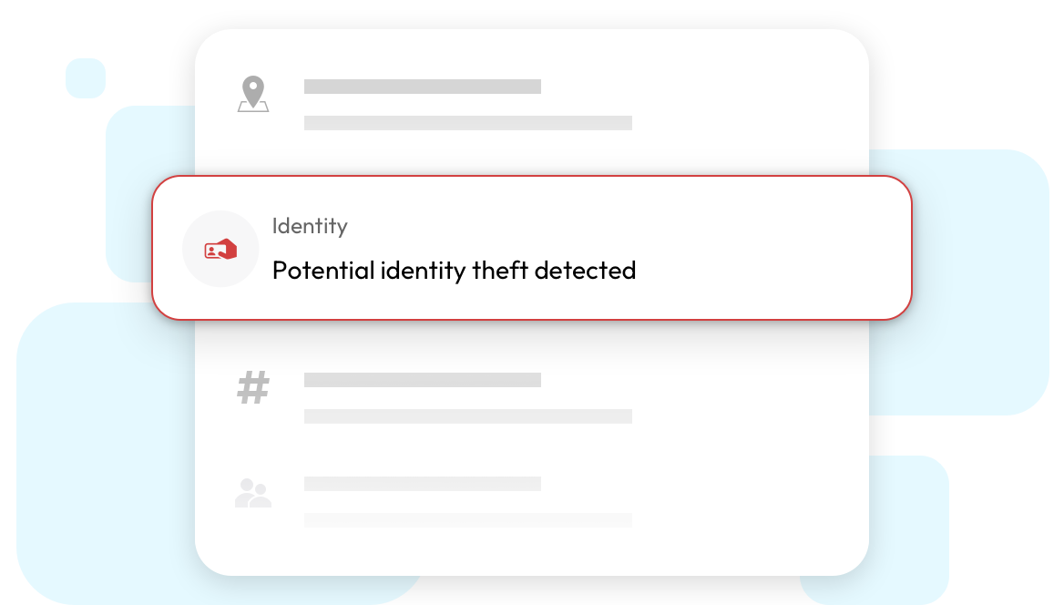 Illustration of an example identity monitoring alert (potential identity theft detected).