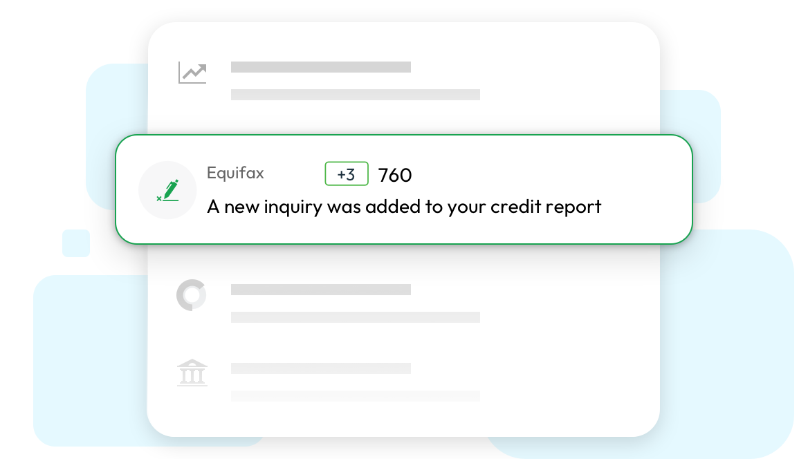 Illustration of an example credit monitoring alert (a new inquiry was added to your credit report) with a FICO Score change (up by 3 points to 760).