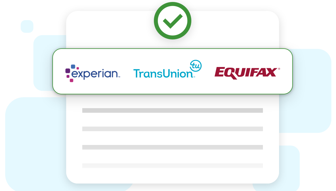 Illustration of side-by-side credit reports from Experian, TransUnion and Equifax