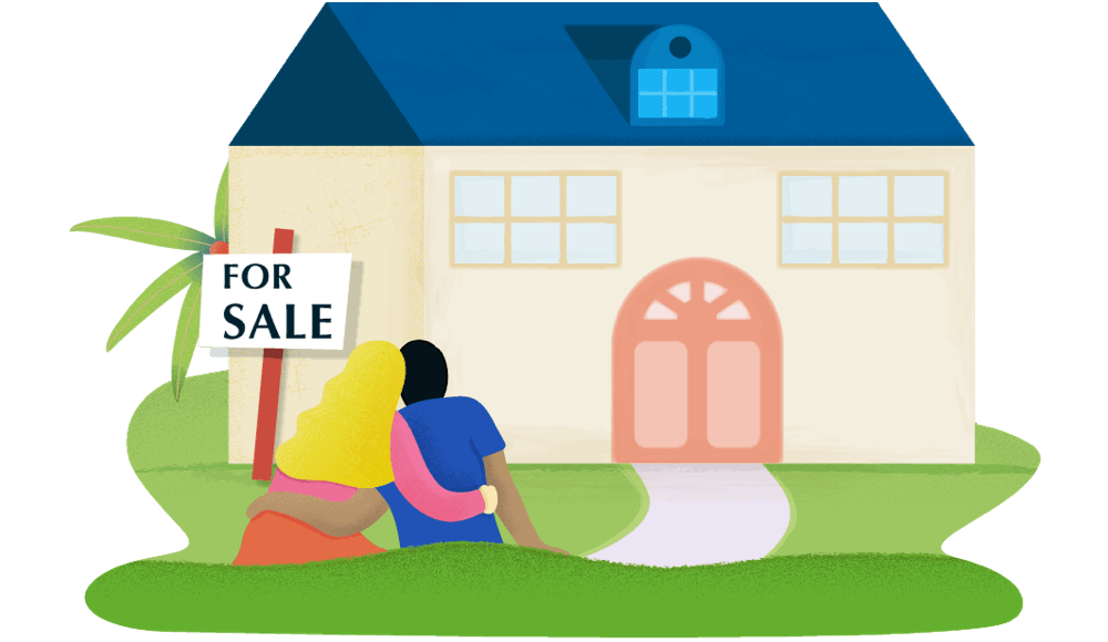 Illustration of a couple looking at a house with a for sale sign in the front yard