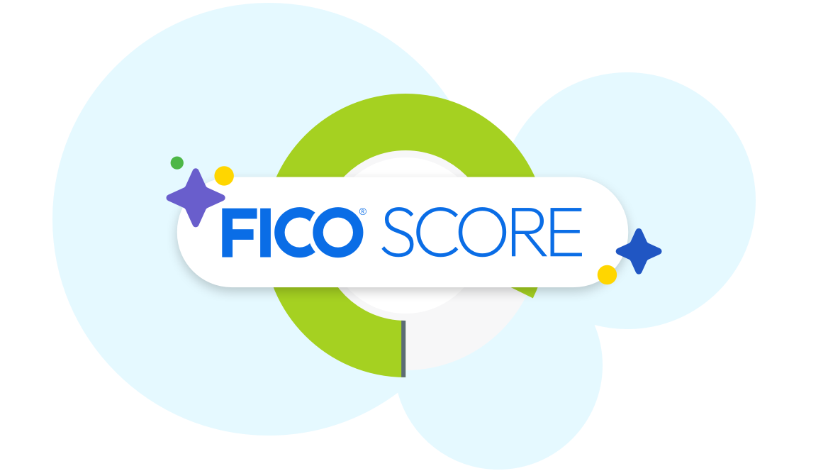 Illustration of a FICO score donut with text FICO SCORE